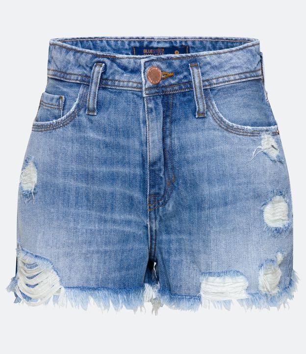 Short Cintura Alta Jeans com Puídos Azul 6