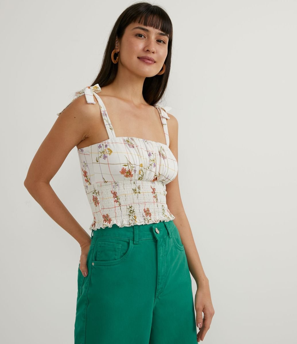 Menor preço em Blusa Regata Cropped em Viscose com Estampa Floral e Lastex na Cintura