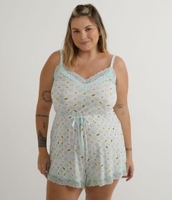 Pijama Macaquinho em Viscose com Estampa Xadrez Vichy e Frutinhas Curve & Plus Size