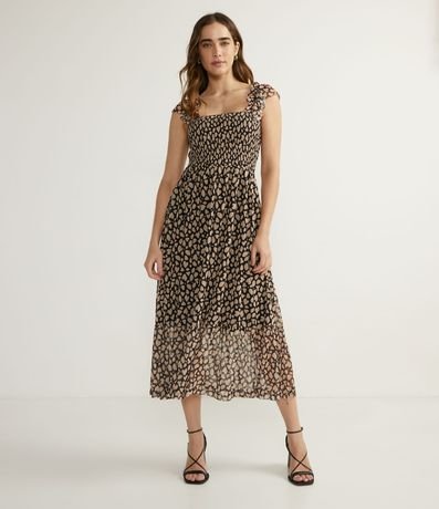 Vestido Midi em Tule com Estampa Animal Print e Lastex no Busto Menor preço em Vestido Midi em Tule com Estampa Animal Print e Lastex no Busto