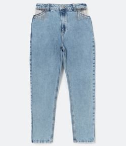 Calça Mom Jeans com Detalhe Vazado e Cordões de Brilhos