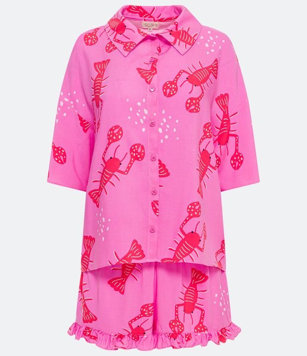 Pijama Americano Corta en Viscosa con Estampado de Langostas Rosado 6