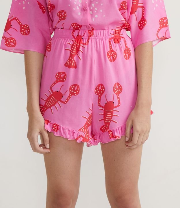 Pijama Americano Corta en Viscosa con Estampado de Langostas Rosado 4