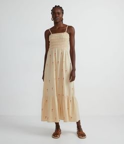 Vestido Longo em Algodão com Bordados de Araras e Lastex no Busto