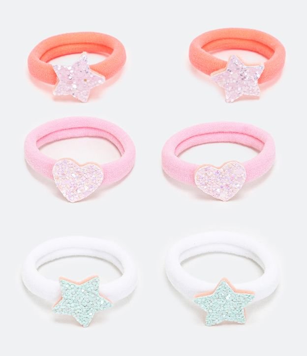 Kit 06 Borrachinhas de Cabelo Infantil com Estampa Corações e Estrelas Glitter