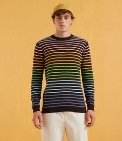 Blusão Suéter em Algodão com Estampa Listrada em Arco-íris