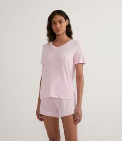 Blusa de Pijama em Viscolycra com Estampa de Coração e Manga Curta
