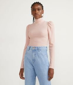 Blusa em Ribana com Gola Alta e Manga Bufante
