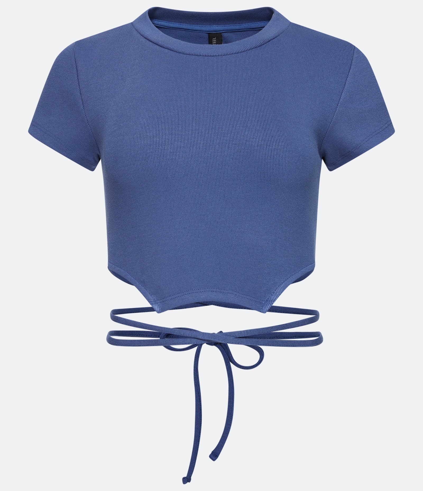Blusa Cropped em Viscose Canelada com Amarração no Corpo Azul 1