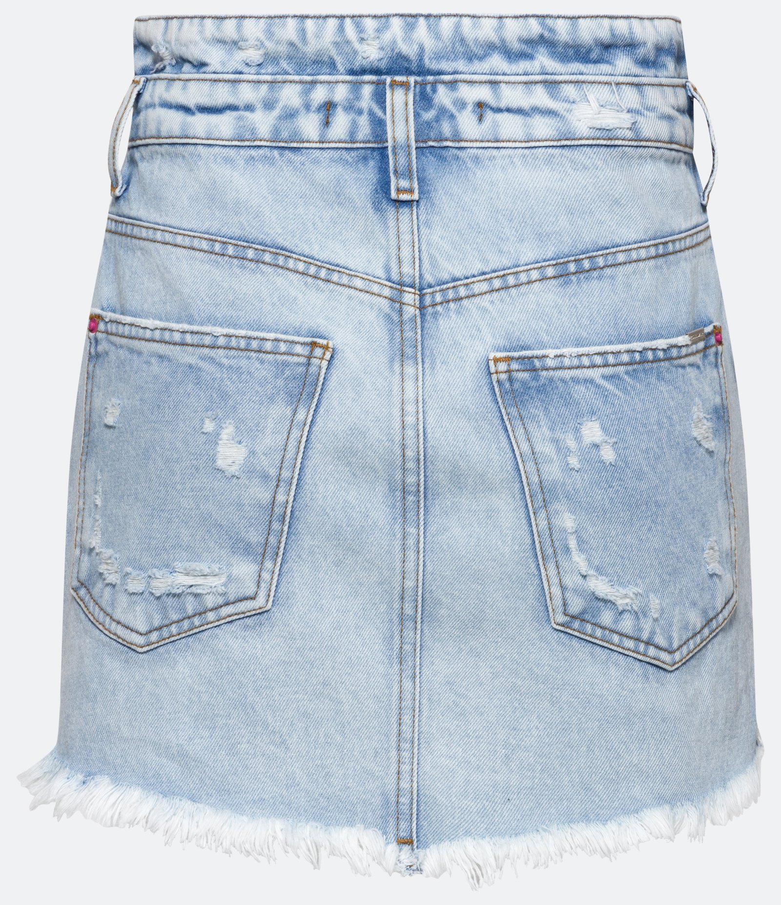 Saia Curta Jeans com Puídos e Barra Desfiada Azul 7