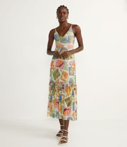 Vestido Midi em Tule com Estampa Tropical e Babados na Saia