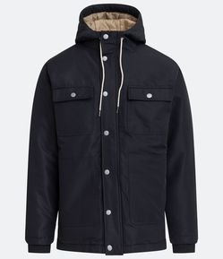 Jaqueta Pesada com Gola Alta Capuz e Bolsos Frontais