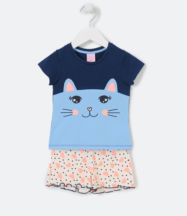 Pijama Infantil Corto con Estampado de Gatito - Talle 1 a 4 años Azul 1