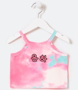 Blusa Infantil Cropped Tie Dye com Lettering Coreano - Tam 5 a 14 anos