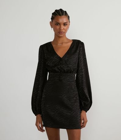 Vestido Curto em Cetim com Decote V e Botões Forrados Menor preço em Vestido Curto em Cetim com Decote V e Botões Forrados