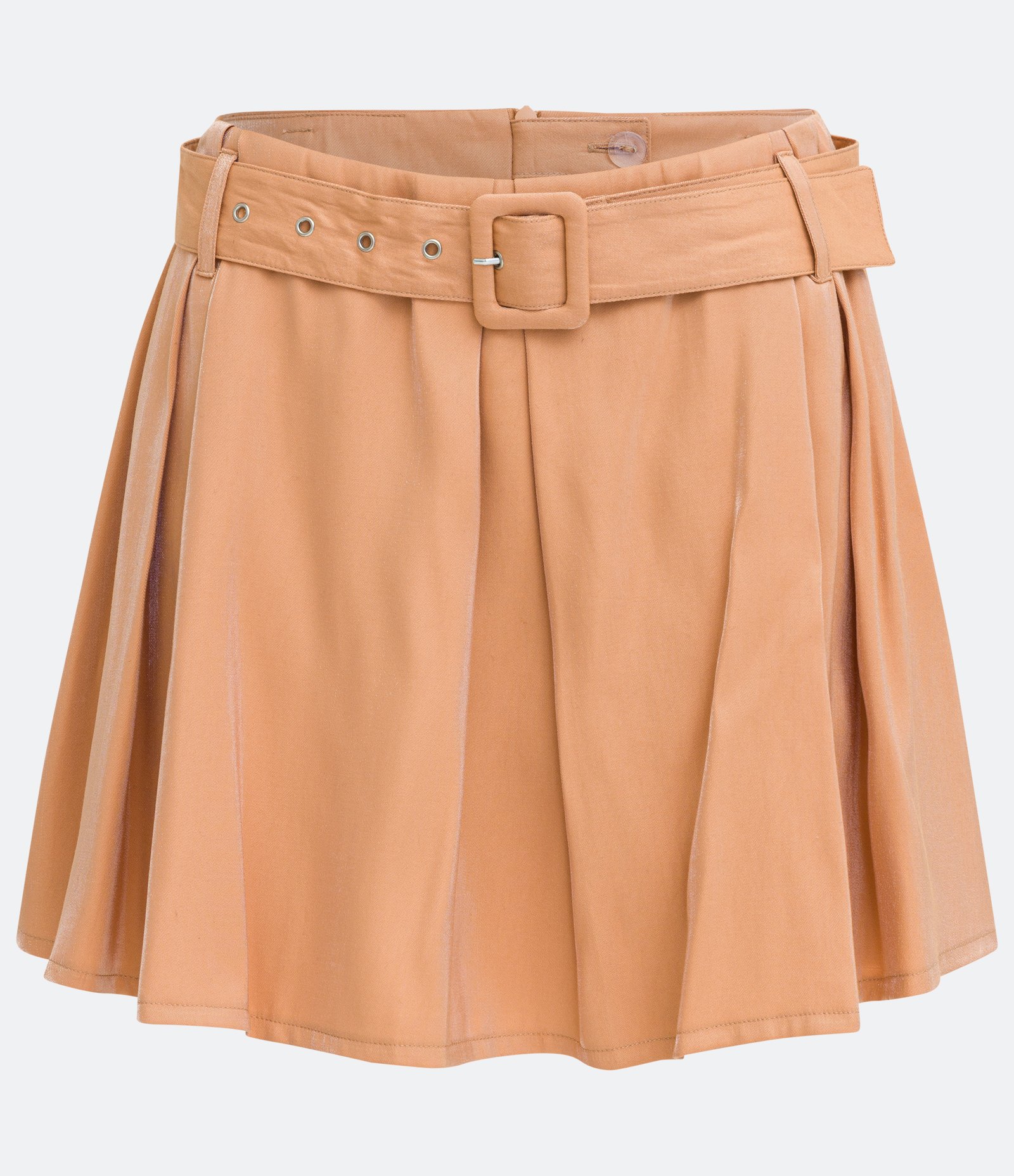 Short Saia Curto em Crepe Metalizado Cinto com Fivela Forrada Marrom 5