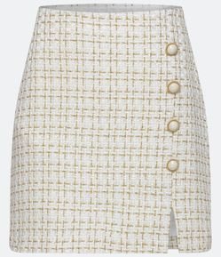 Saia em Tweed Estampada com Botões e Mini Fendinha Frontal