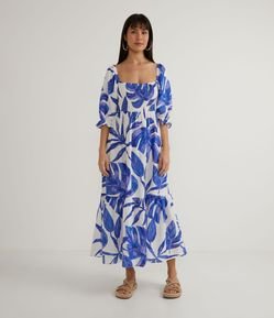 Vestido Midi em Viscolinho com Estampa de Folhagem e Lastex no Busto