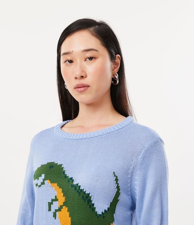 Suéter en Tejido de Punto con Cuello Redondo y Estampado de Dinosaurio Azul