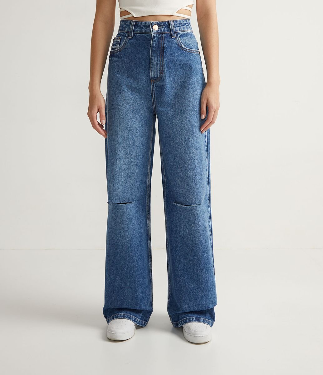 Calça Wide Leg Jeans com Navalhados no Joelho Menor preço em Calça Wide Leg Jeans com Navalhados no Joelho