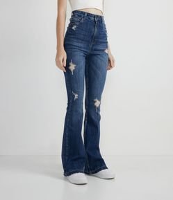 Pantalón Flare Jeans con Cintura Alta Desgastes y Barra Deshilachada