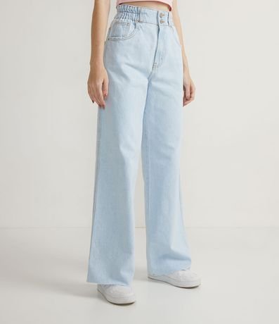 Calça Wide Leg Jeans com Elástico na Cintura e Corte a Fio na Barra Menor preço em Calça Wide Leg Jeans com Elástico na Cintura e Corte a Fio na Barra