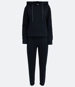 Pijama Longo em Moletom com Capuz e Cordão Contrastante