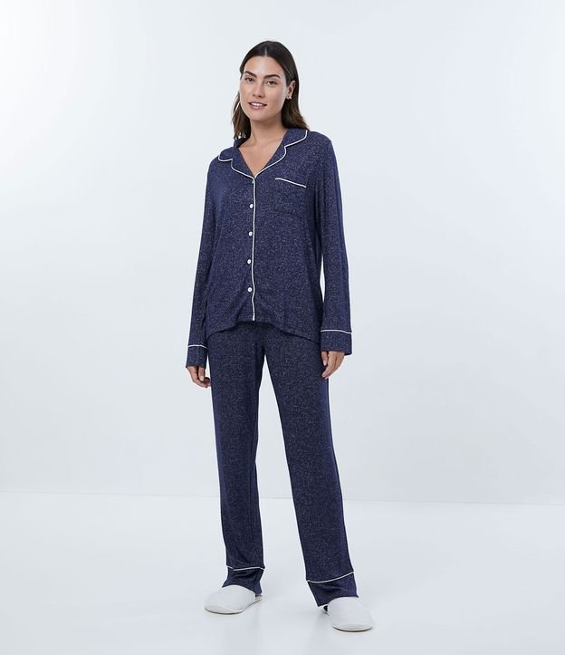 Pijama Americano Largo en Tejido de Punto con Bolsillo Frontal y Viés Contrastante Azul 1