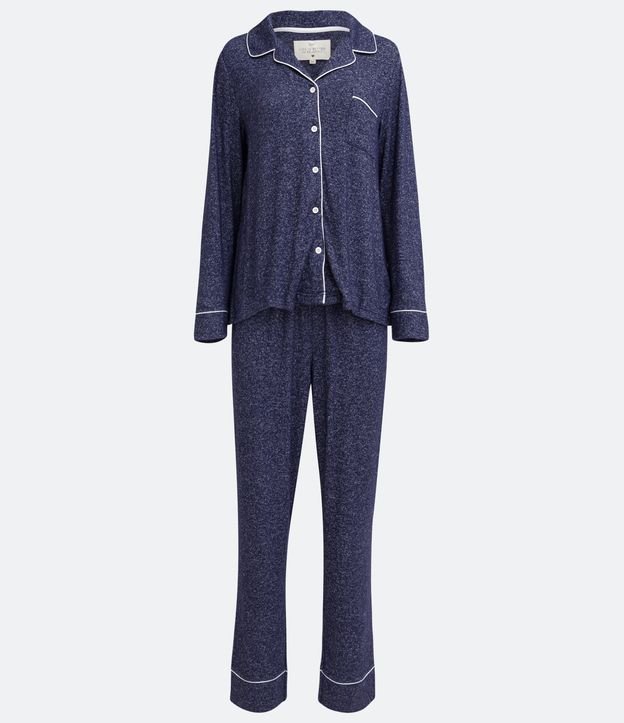 Pijama Americano Largo en Tejido de Punto con Bolsillo Frontal y Viés Contrastante Azul 5