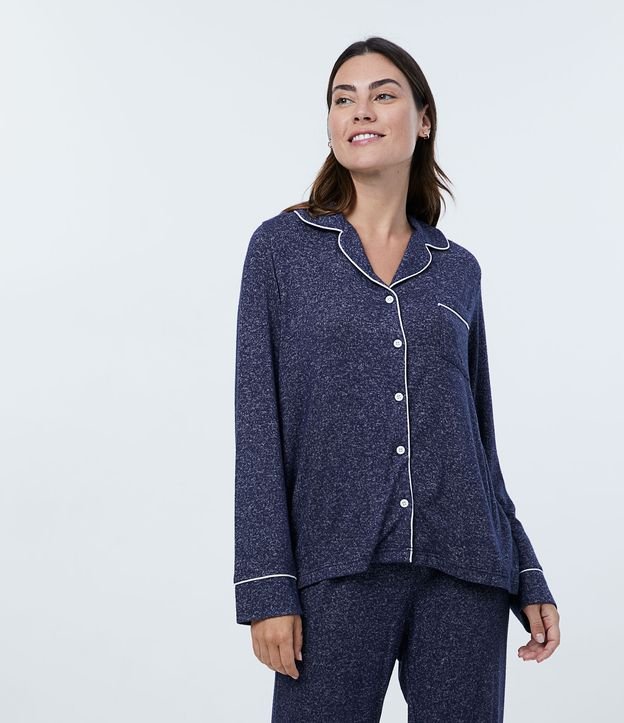 Pijama Americano Largo en Tejido de Punto con Bolsillo Frontal y Viés Contrastante Azul 2