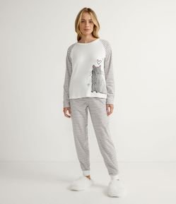 Pijama Longo em Tricô com Bordado de Gato