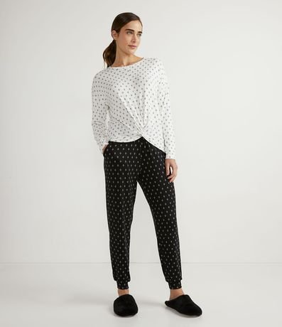 Pijama Longo com Estampa de Pontinhos e Torcido Frontal Branco - Renner