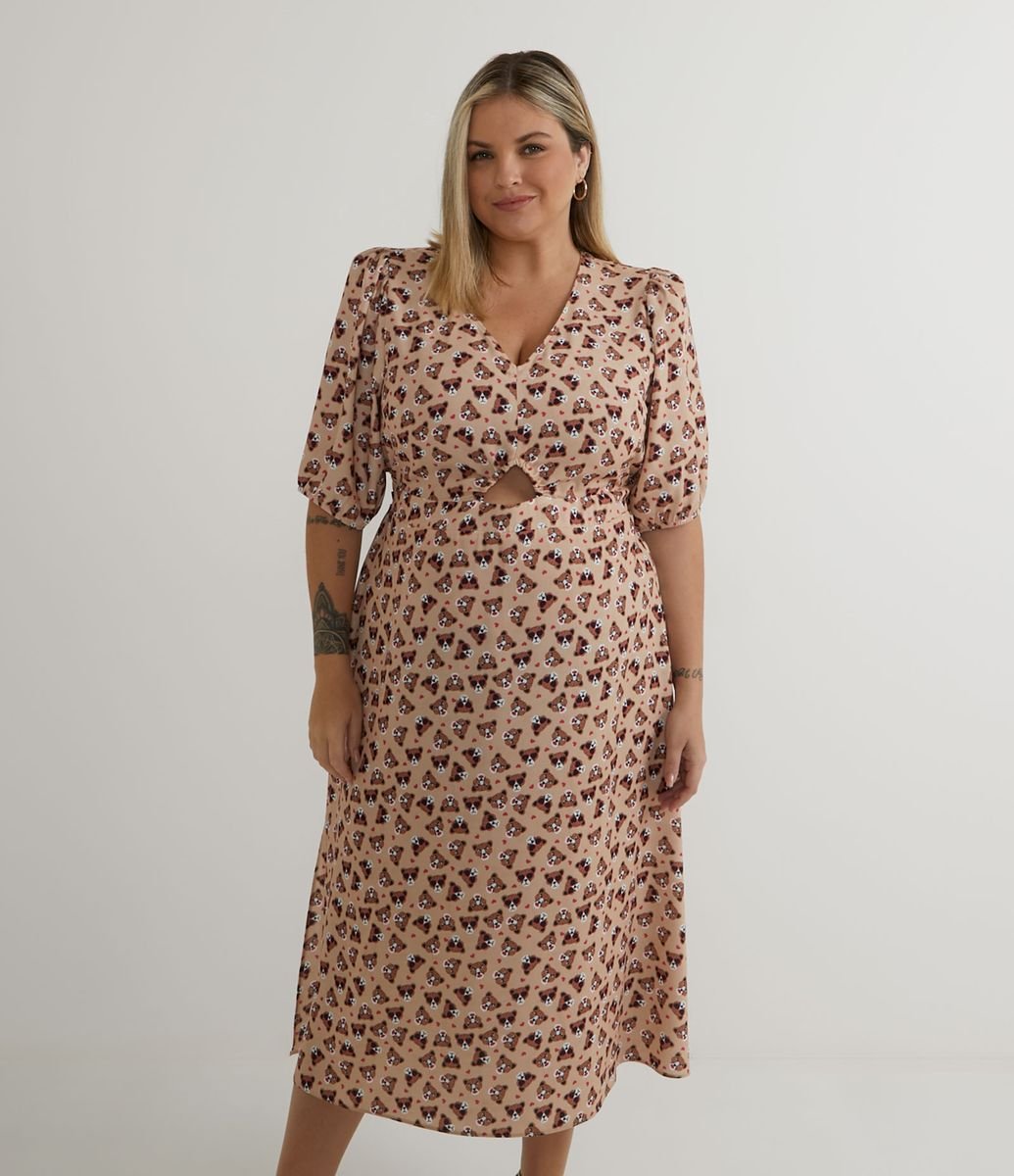 Vestido Midi em Crepe com Estampa de Oncinhas e Abertura Frontal Curve & Plus Size Menor preço em Vestido Midi em Crepe com Estampa de Oncinhas e Abertura Frontal Curve & Plus Size