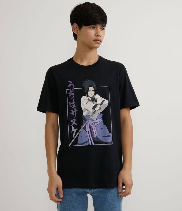 Camiseta Manga Curta com Estampa Sasuke Preto 1