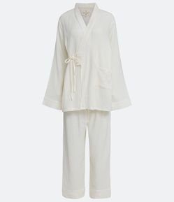 Pijama Americano Longo em Algodão Texturizado com Amarração