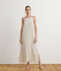 Vestido Longo em Crepe com Alças Duplas e Estampa Listras