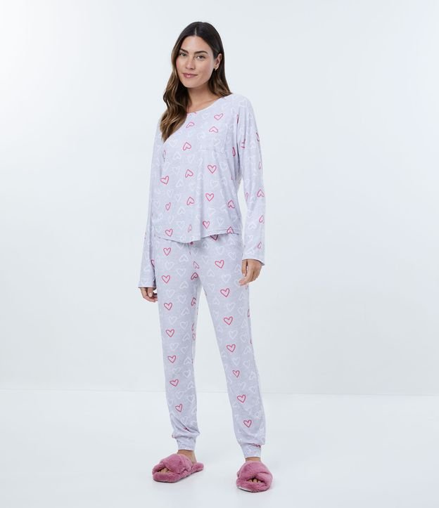 Pijama Largo con Estampado de Corazones y Bolsinho Frontal Gris 1