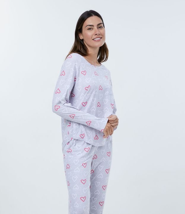 Pijama Largo con Estampado de Corazones y Bolsinho Frontal Gris 2