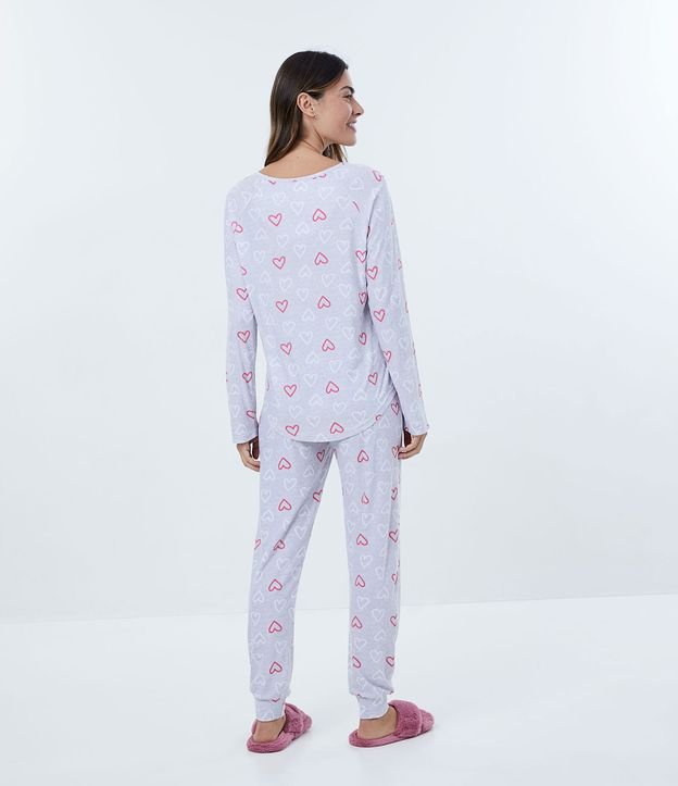 Pijama Largo con Estampado de Corazones y Bolsinho Frontal Gris 4