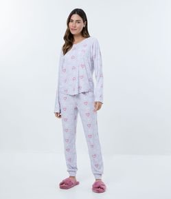Pijama Largo con Estampado de Corazones y Bolsinho Frontal