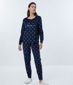 Pijama Longo em Plush com Estampa Poá e Lettering Love