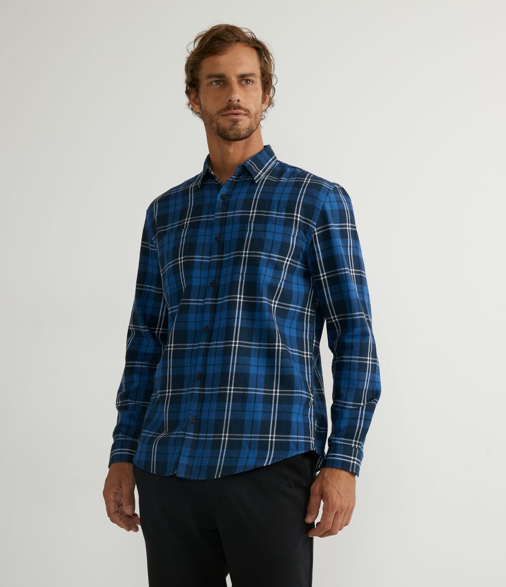 Camisa Comfort em Algodão com Estampa Xadrez Azul
