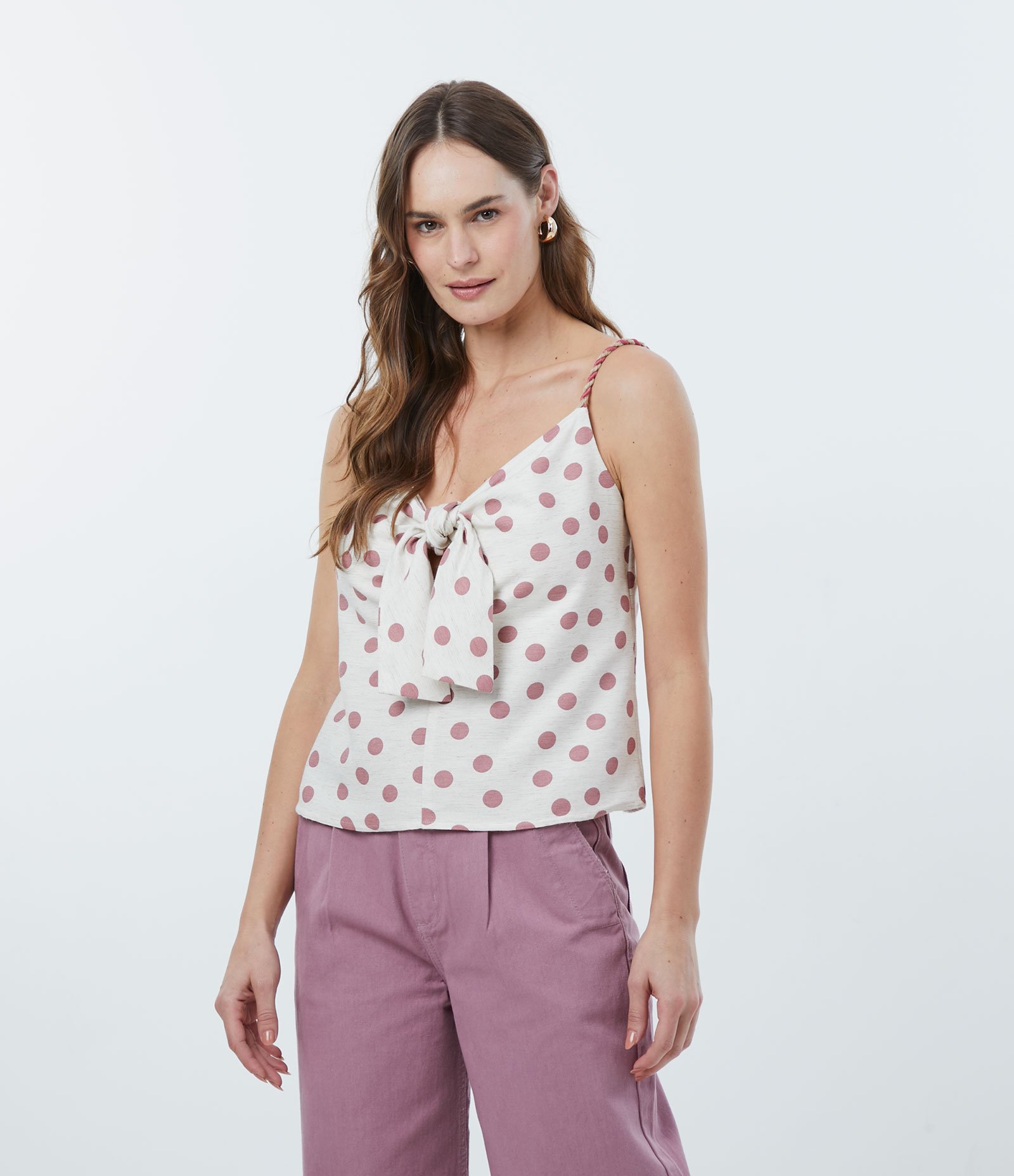 Blusa Regata em Viscolinho com Estampa Poá e Alça de Corda Rosa 1
