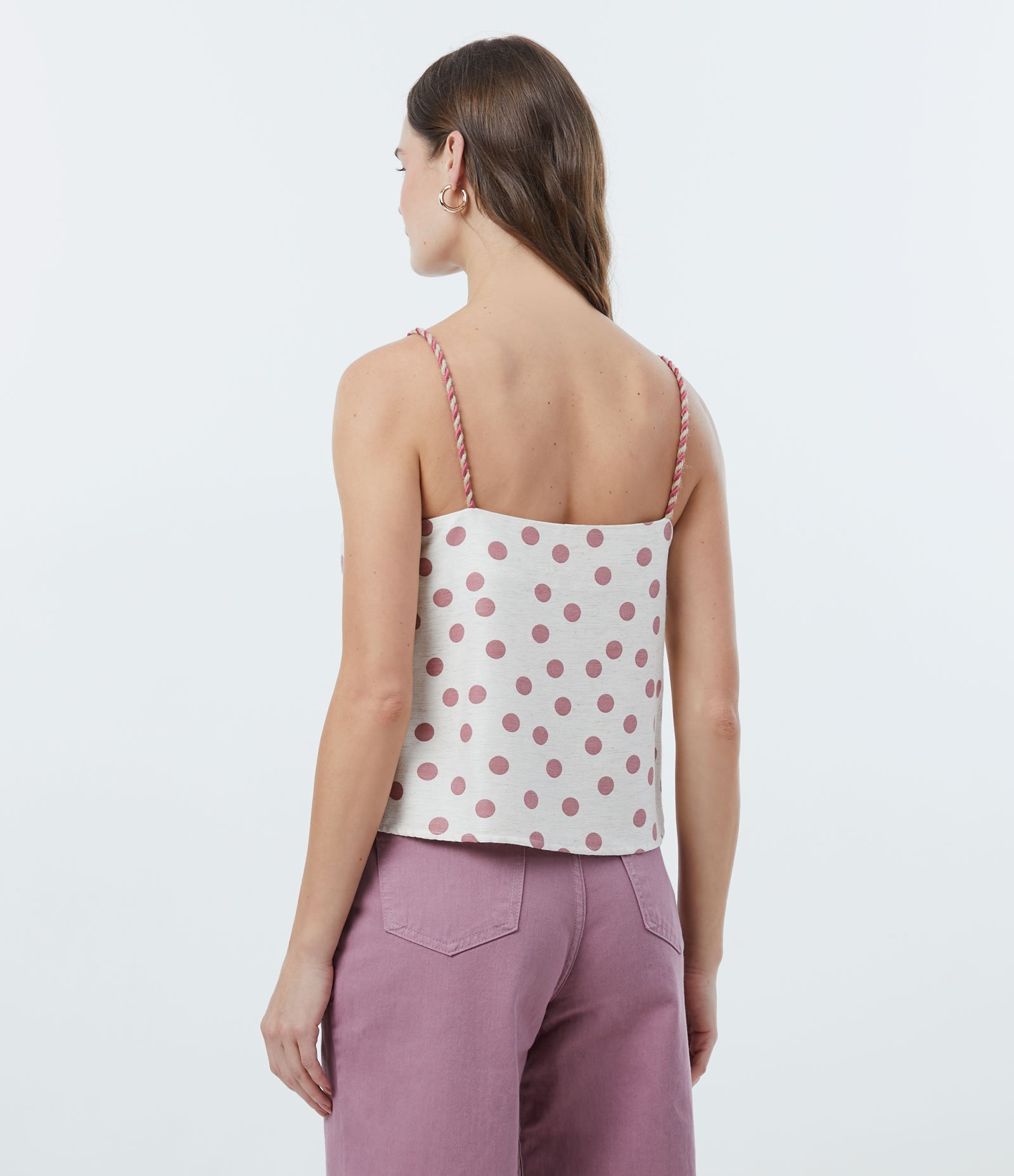 Blusa Regata em Viscolinho com Estampa Poá e Alça de Corda Rosa 3