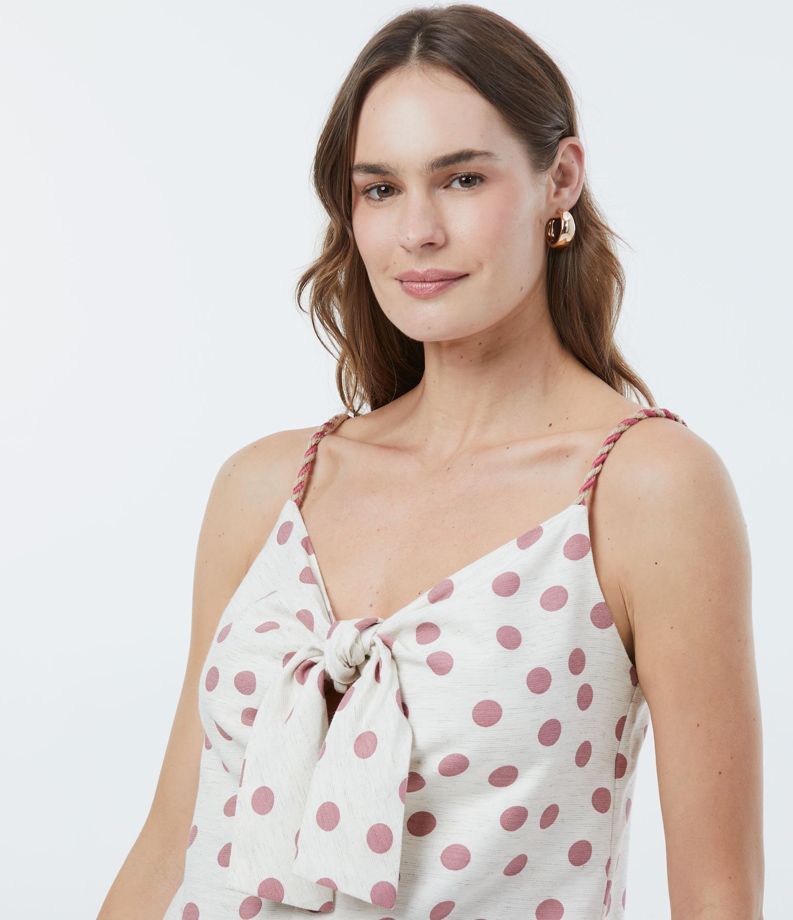 Blusa Regata em Viscolinho com Estampa Poá e Alça de Corda Rosa 4
