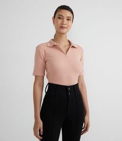 Blusa Manga Curta em Algodão Canelada com Gola Polo