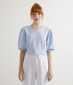 Blusa Cropped em Moletinho Marmorizado com Manga Curta Bufante