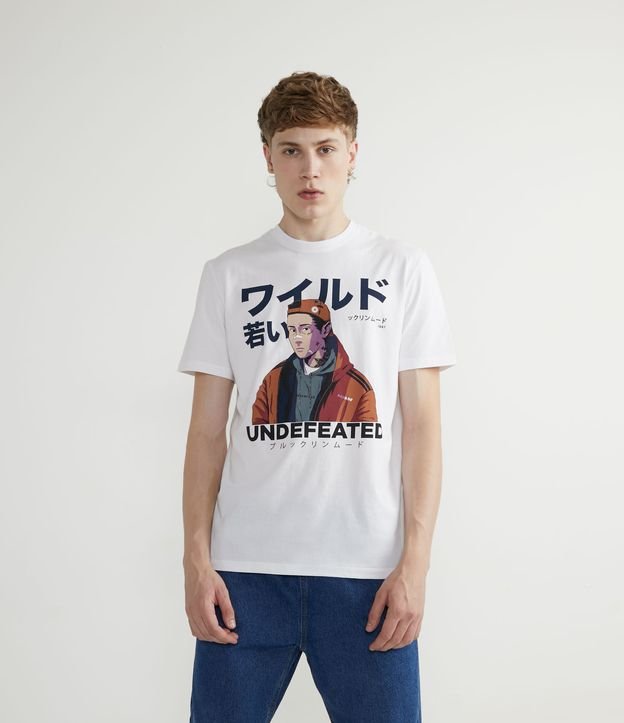 Camiseta Manga Curta em Algodão com Estampa Mangá - Cor: Branco - Tamanho: PP