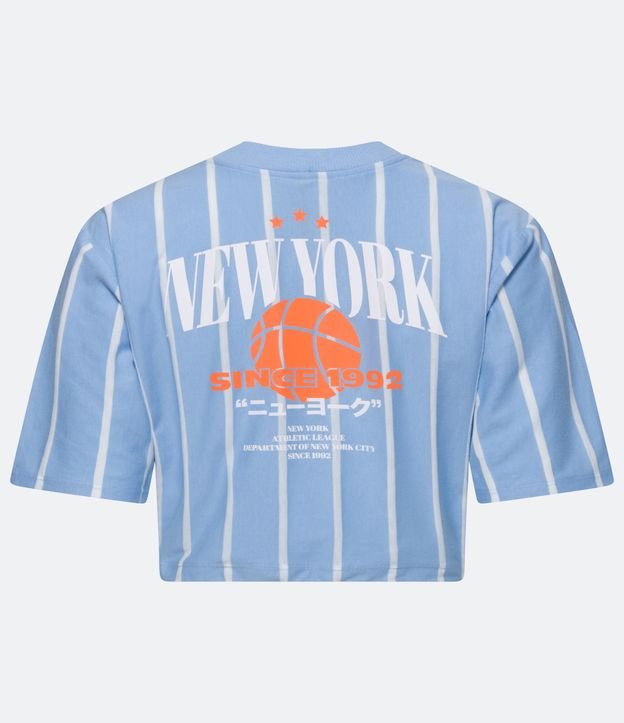 Blusa Cropped en Algodón con Rayas y Lettering New York Azul 8