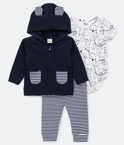 Conjunto Infantil em Suedine Casaco com Capuz Body com Estampa de Bichinhos e Calça Listrada - Tam 0 a 18 meses